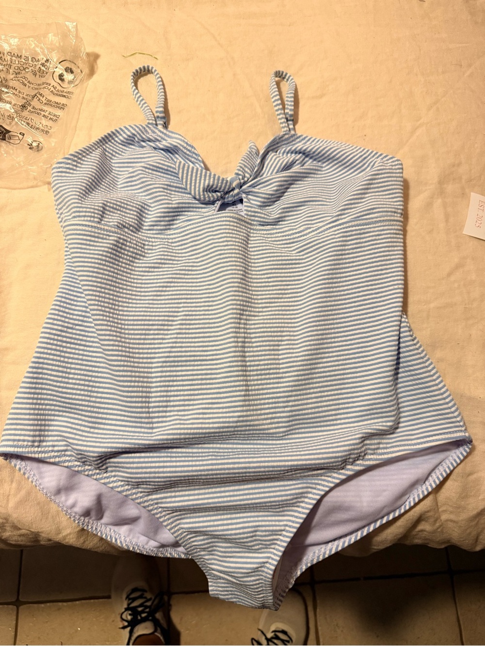 Lands' End Light Blue & White Striped One-Piece Swimsuit with Knot Detail